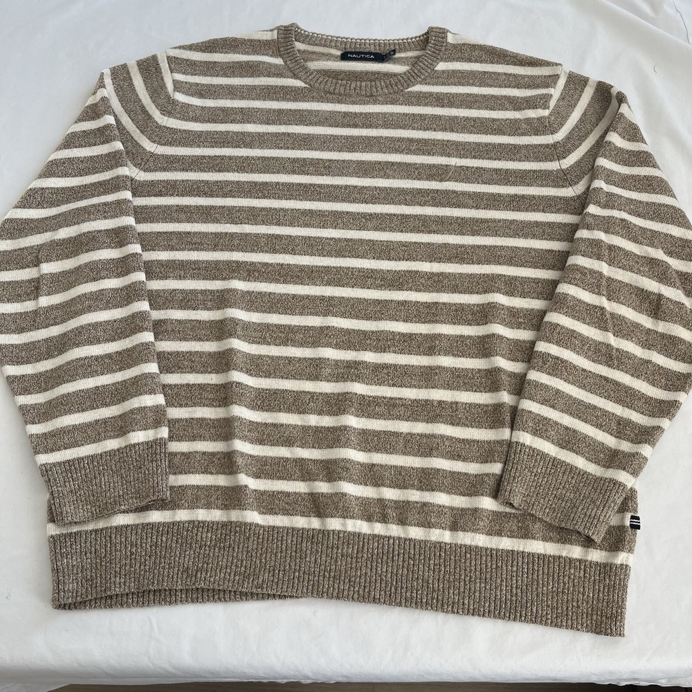 Nautica Sweater Men's XL Brown Striped Crewneck Long Sleeve Preppy Cotton